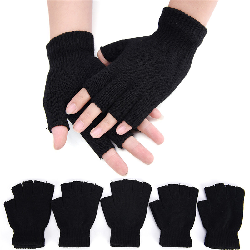 Fingerless Glove Knit - HOT！Şık Erkek Siyah Örme Esnek Elastik