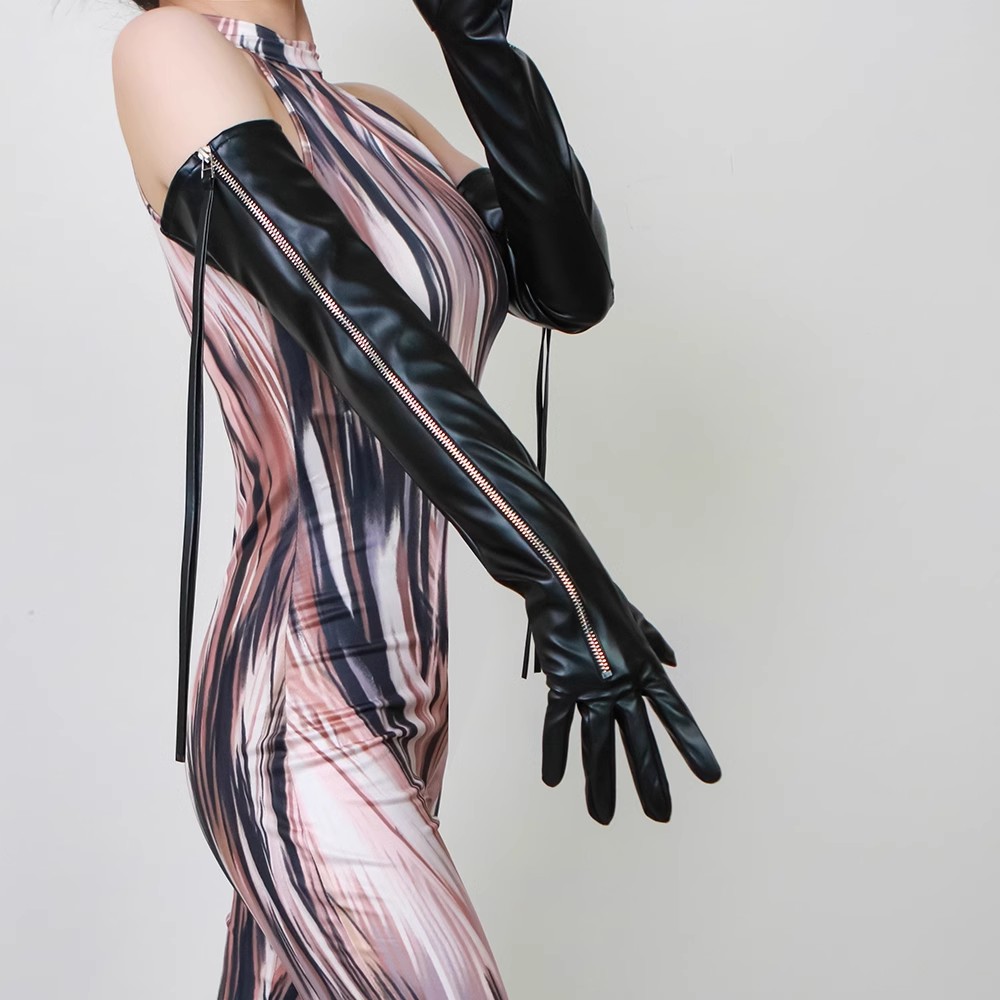 Leather Driving Glove - Kadın siyah uzun PU deri fermuar